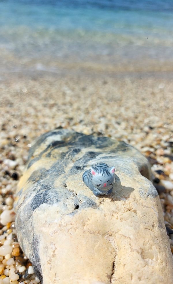 Handmade Grey and White Clay Cat Figurine - Front View