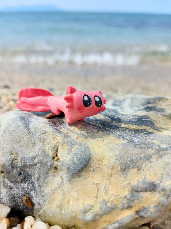 Handmade Pink Axolotl Miniature – Polymer Clay Figurine- Side View