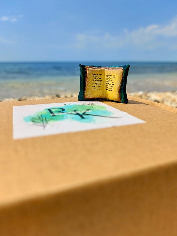 Handmade Green Magical Book Miniature – Polymer Clay Figurine on our box- Front Side