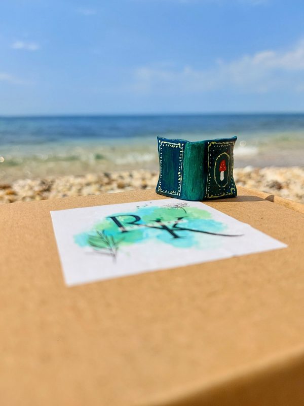 Handmade Green Magical Book Miniature – Polymer Clay Figurine on our box - Back Side