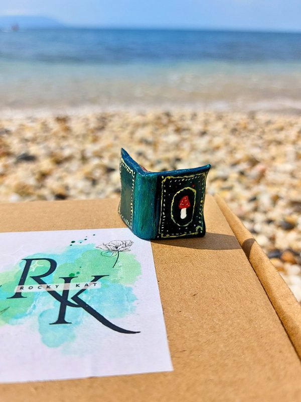 Handmade Green Magical Book Miniature – Polymer Clay Figurine on our box - Back Side